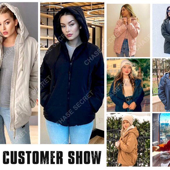 Women's Full Zipper Hooded Puffer Jacket, Short Coat with Pockets - Picture 3 of 5